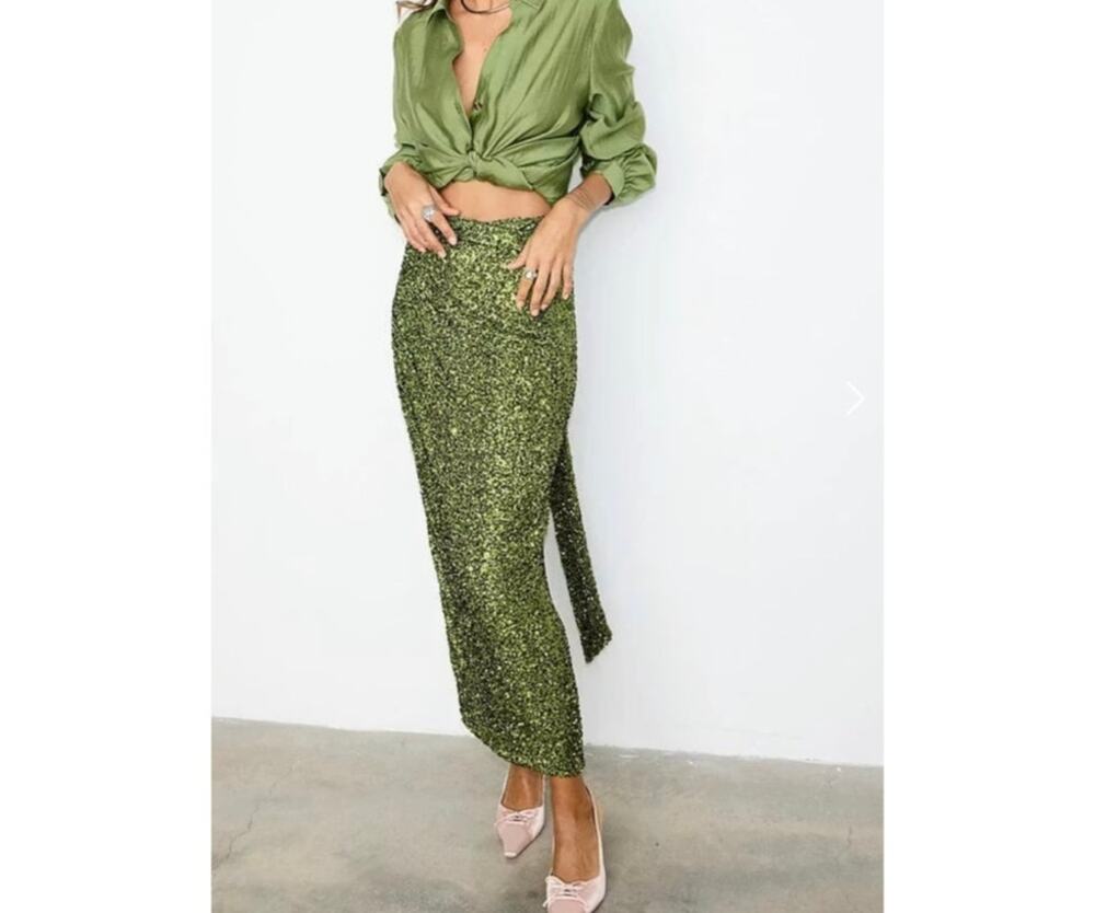 Never Fully Dressed Olive Green Sequin Jaspre Wrap Maxi Skirt US 10 UK 14 NWT